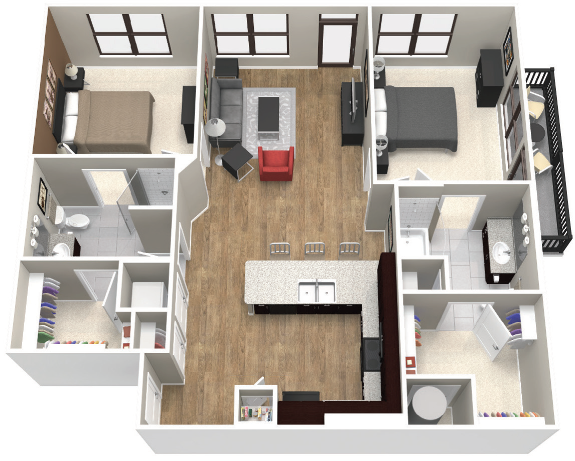 Floor plan for 2 beds, 2 baths, 1111 sqft